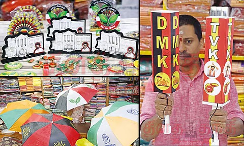 தமிழகத்தில் தேர்தல் திருவிழா: களைகட்டும் கட்சிப் பொருட்கள் விற்பனை – புதுமையான 'எல்.இ.டி' விளக்குகளுக்கு மவுசு!